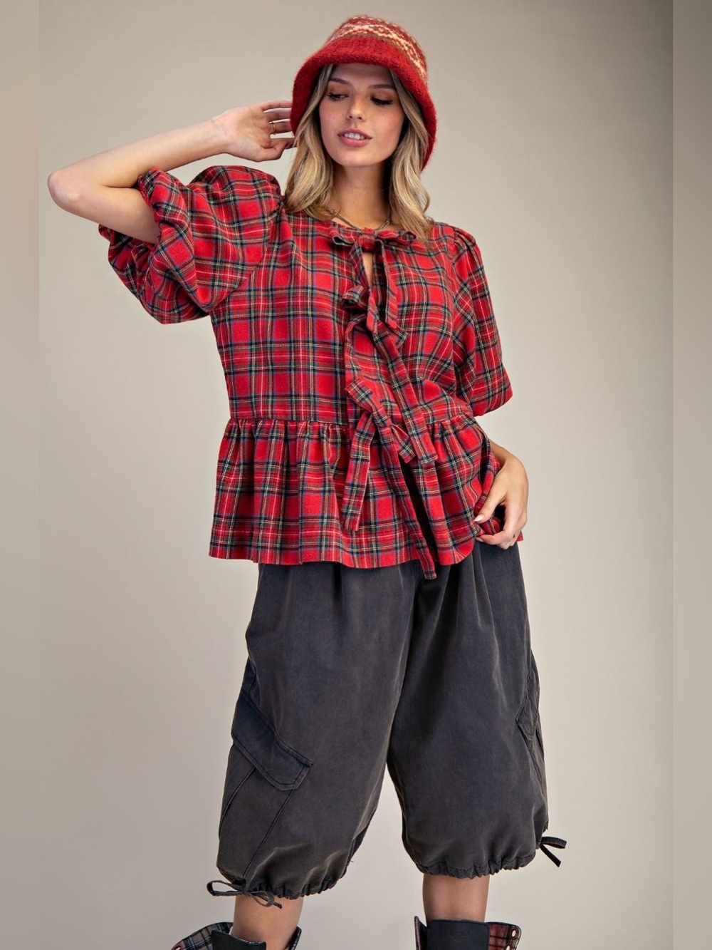 New! Easel Plaid Tie-Front Peplum Top